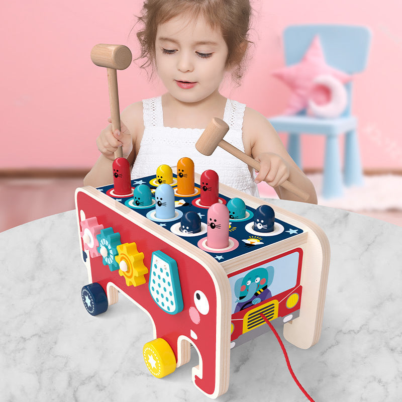 Wooden Pounding Bench and Animal Bus Toy Set